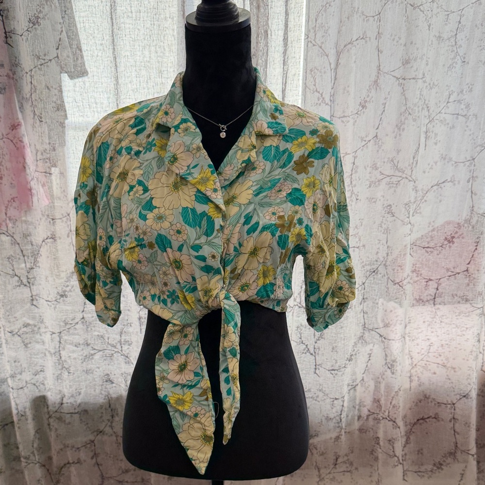 Love Notes Floral Tie-Front Blouse - Green and Yellow size L
